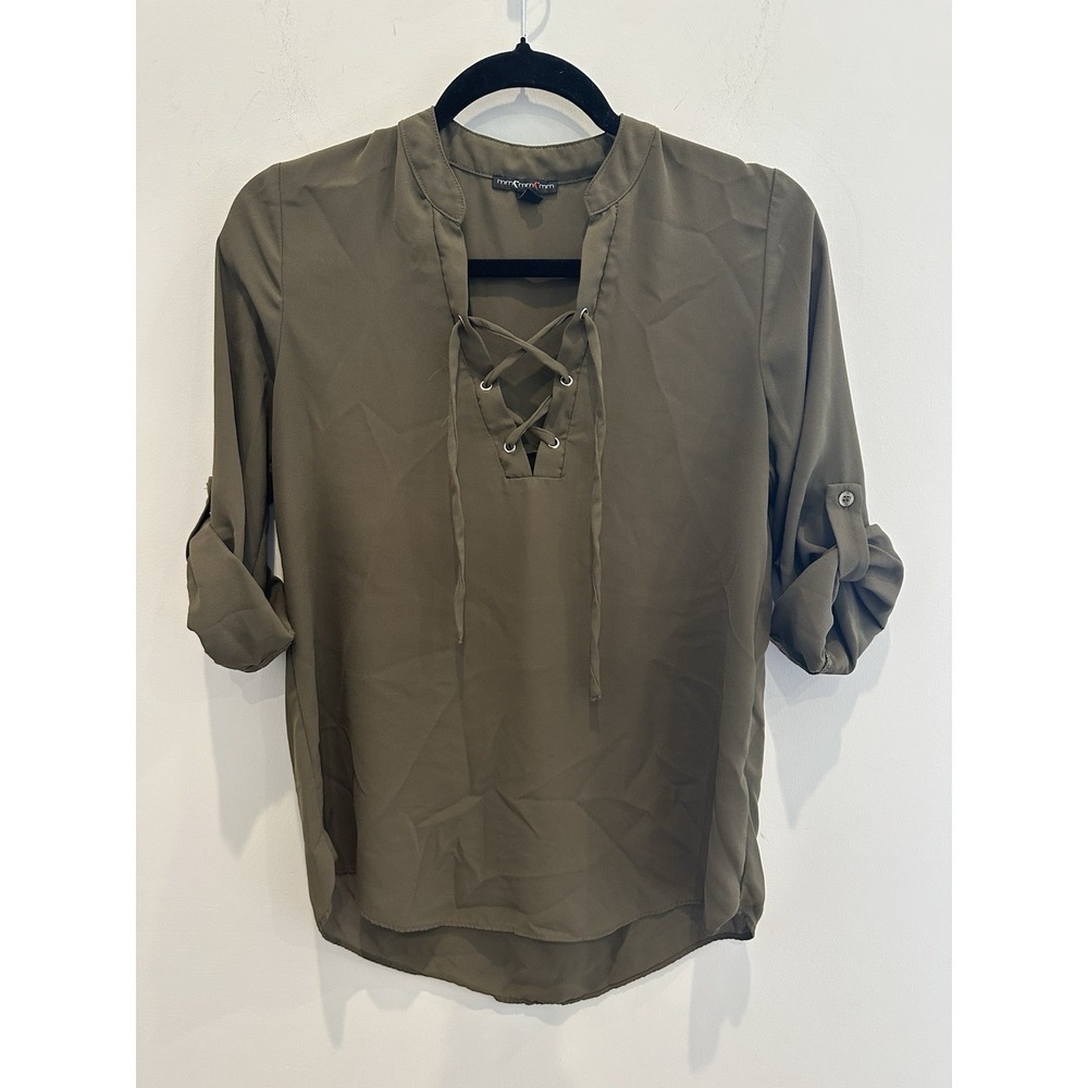Womens Army Green Lightweight Long Sleeve Lace Up Front Blouse Size S